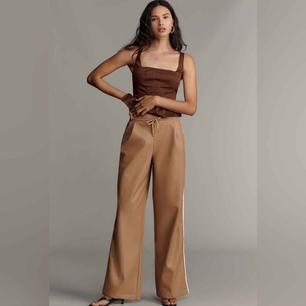 NWT! Anthropologie Bishop + Young Camel Faux Leather Wide-Leg Track Pants - XS 🏓